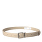 Beige Calfskin Leather Silver Metal Buckle Belt