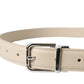 Beige Calfskin Leather Silver Metal Buckle Belt