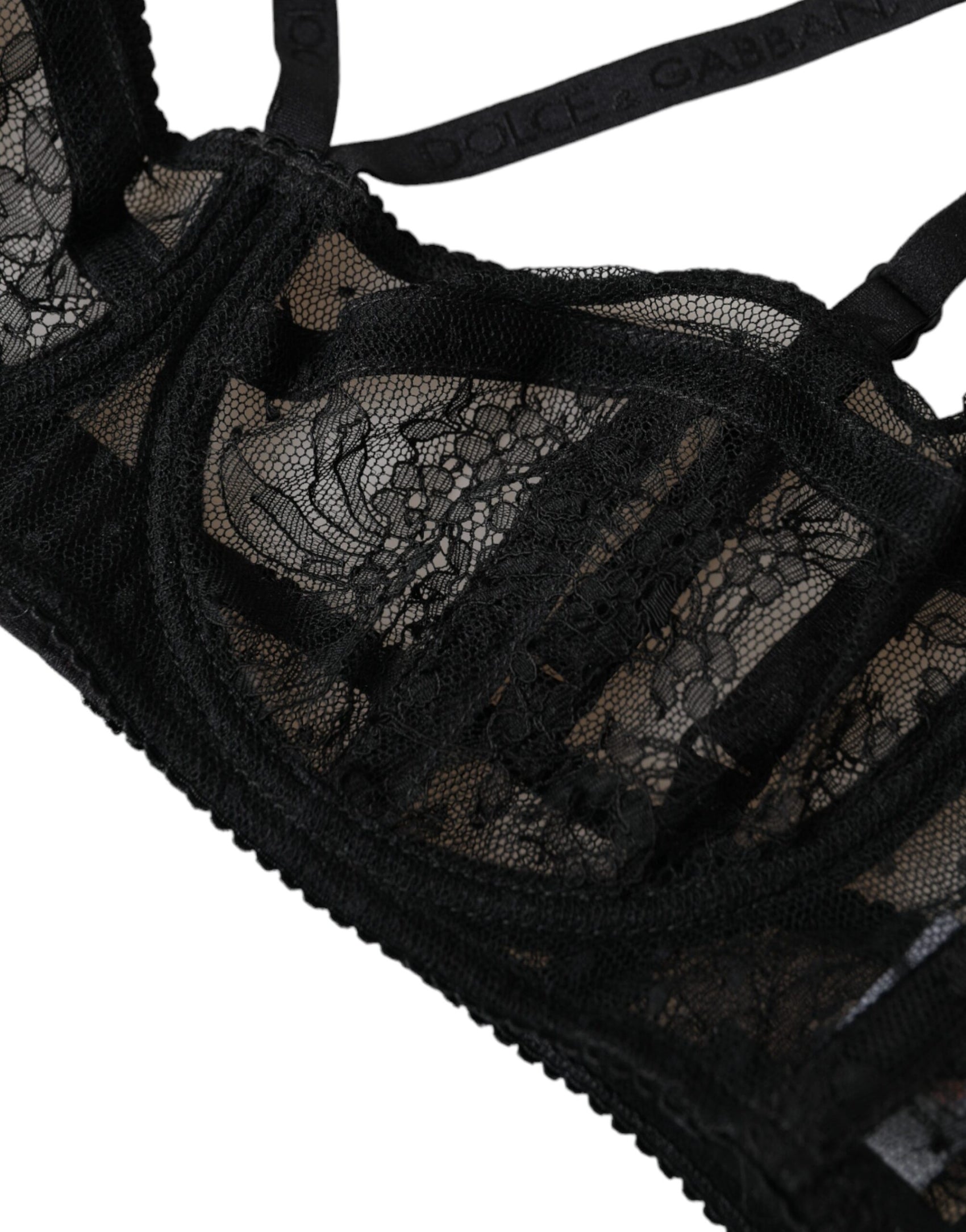 Schwarzer Balconcino-BH aus Nylon mit Blumenspitze