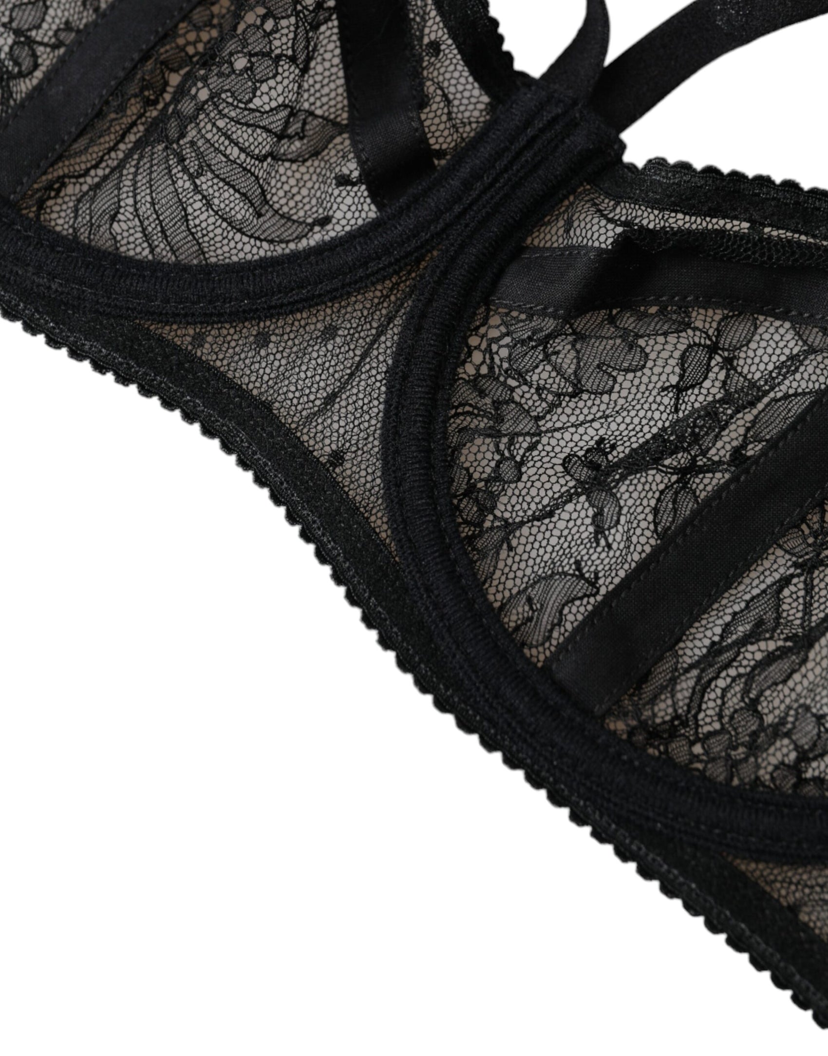 Schwarzer Balconcino-BH aus Nylon mit Blumenspitze