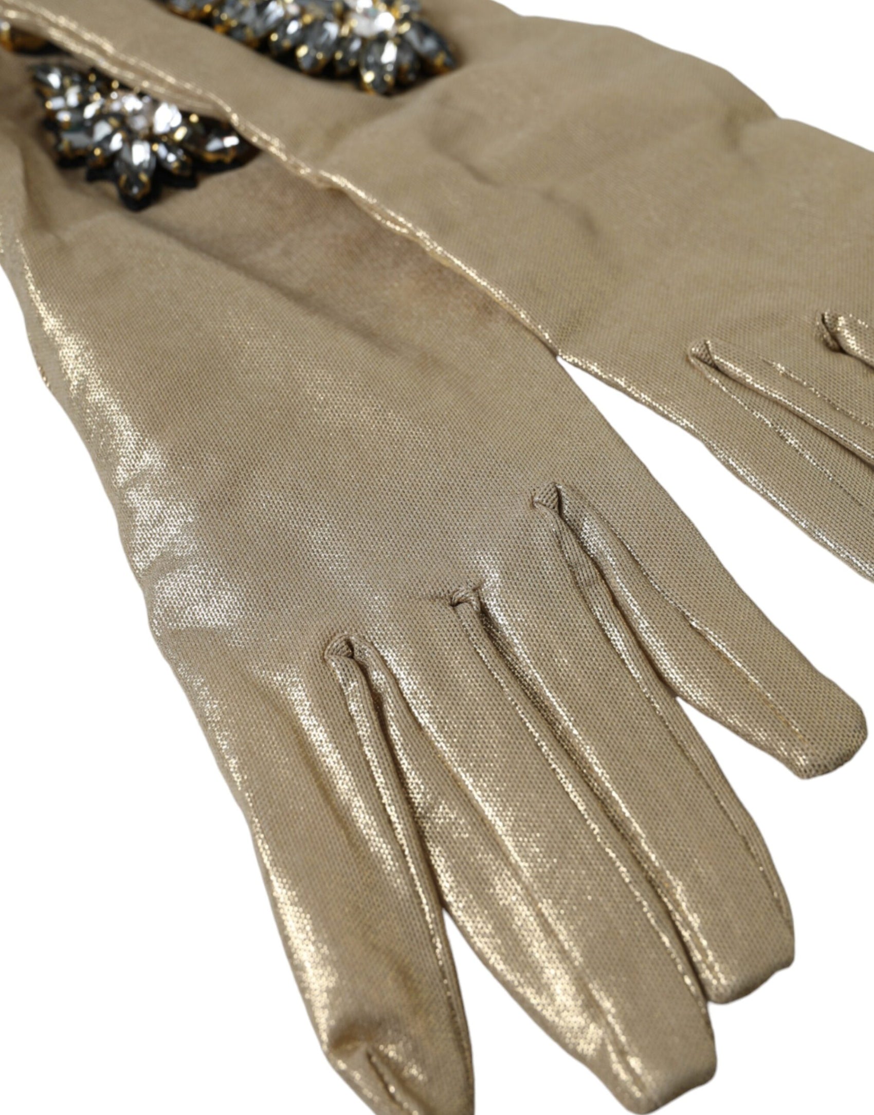 Guanti in raso beige con cristalli fino al gomito