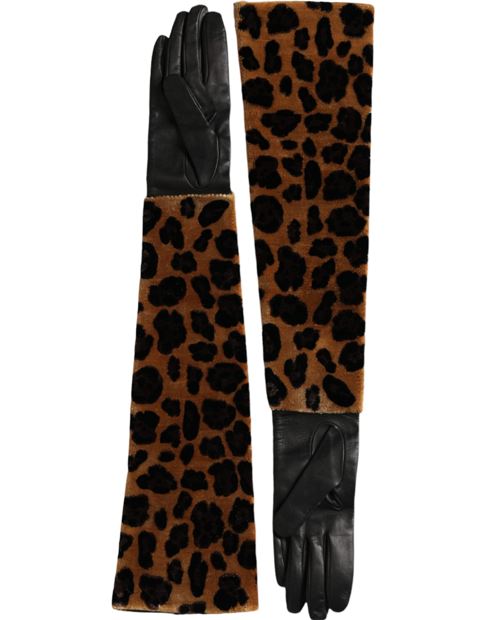 Guanti in pelle di leopardo marrone nero fino al gomito