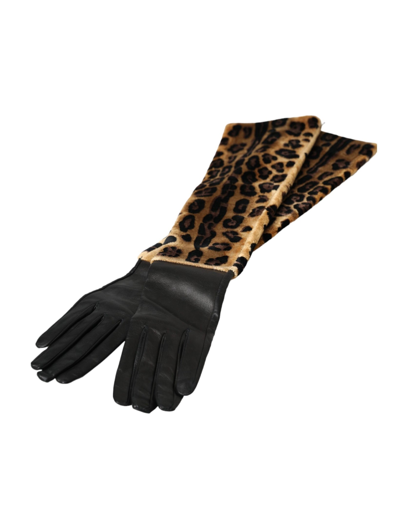Guanti in pelle di leopardo marrone nero fino al gomito