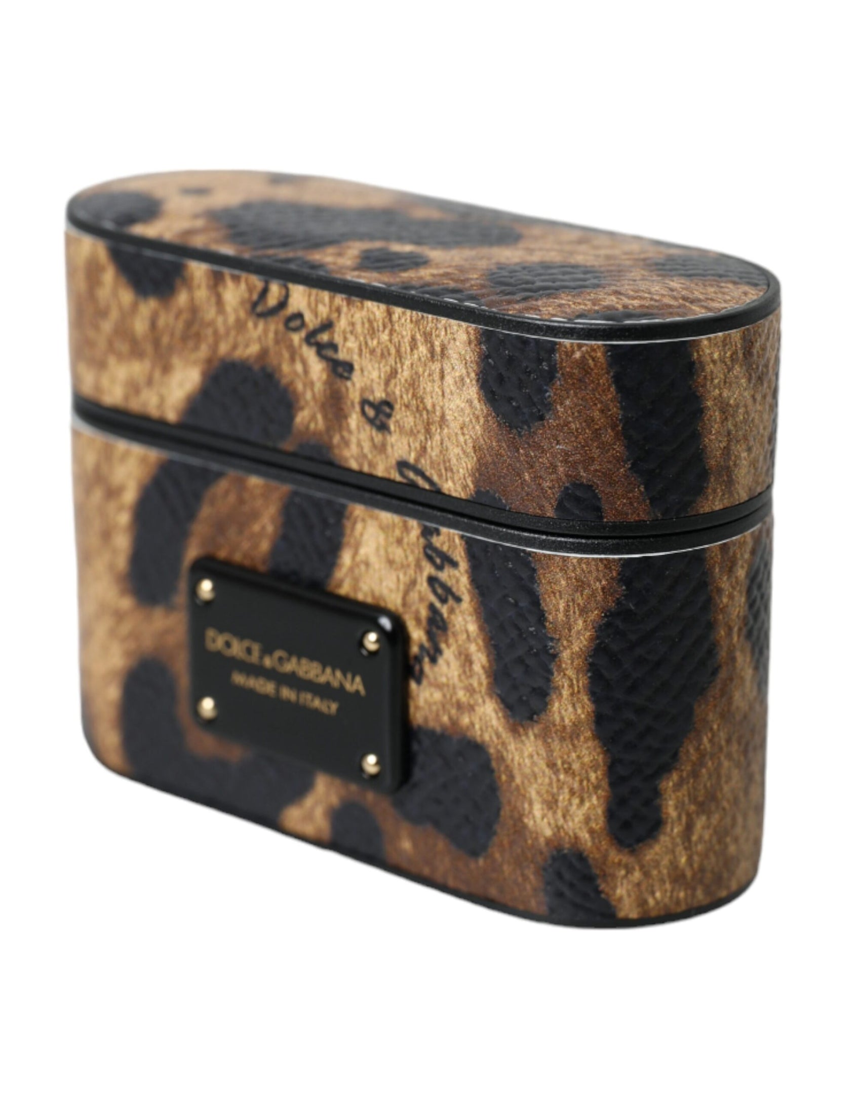 Custodia per Airpods con placca in metallo con logo in pelle di vitello leopardata marrone