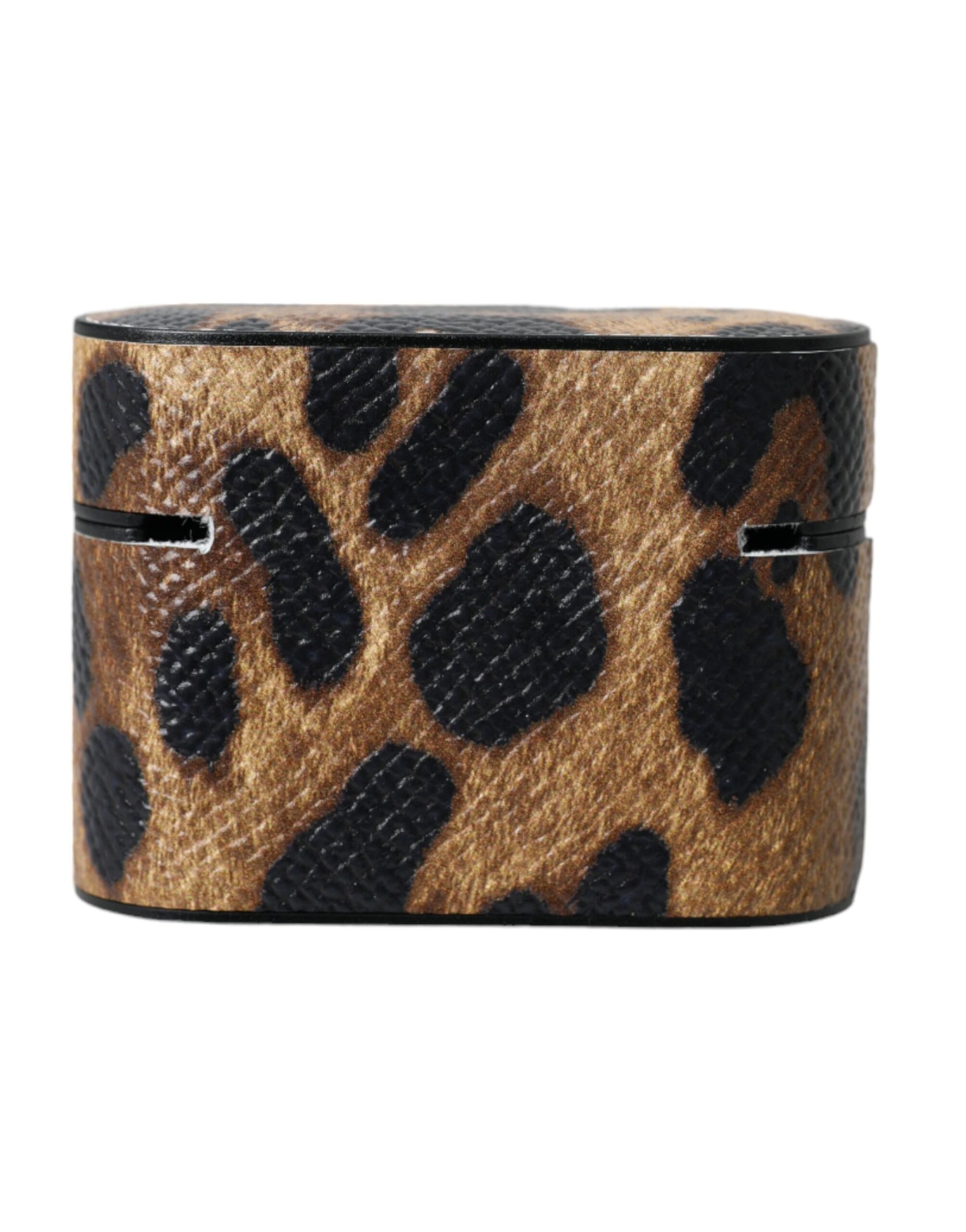 Custodia per Airpods con placca in metallo con logo in pelle di vitello leopardata marrone