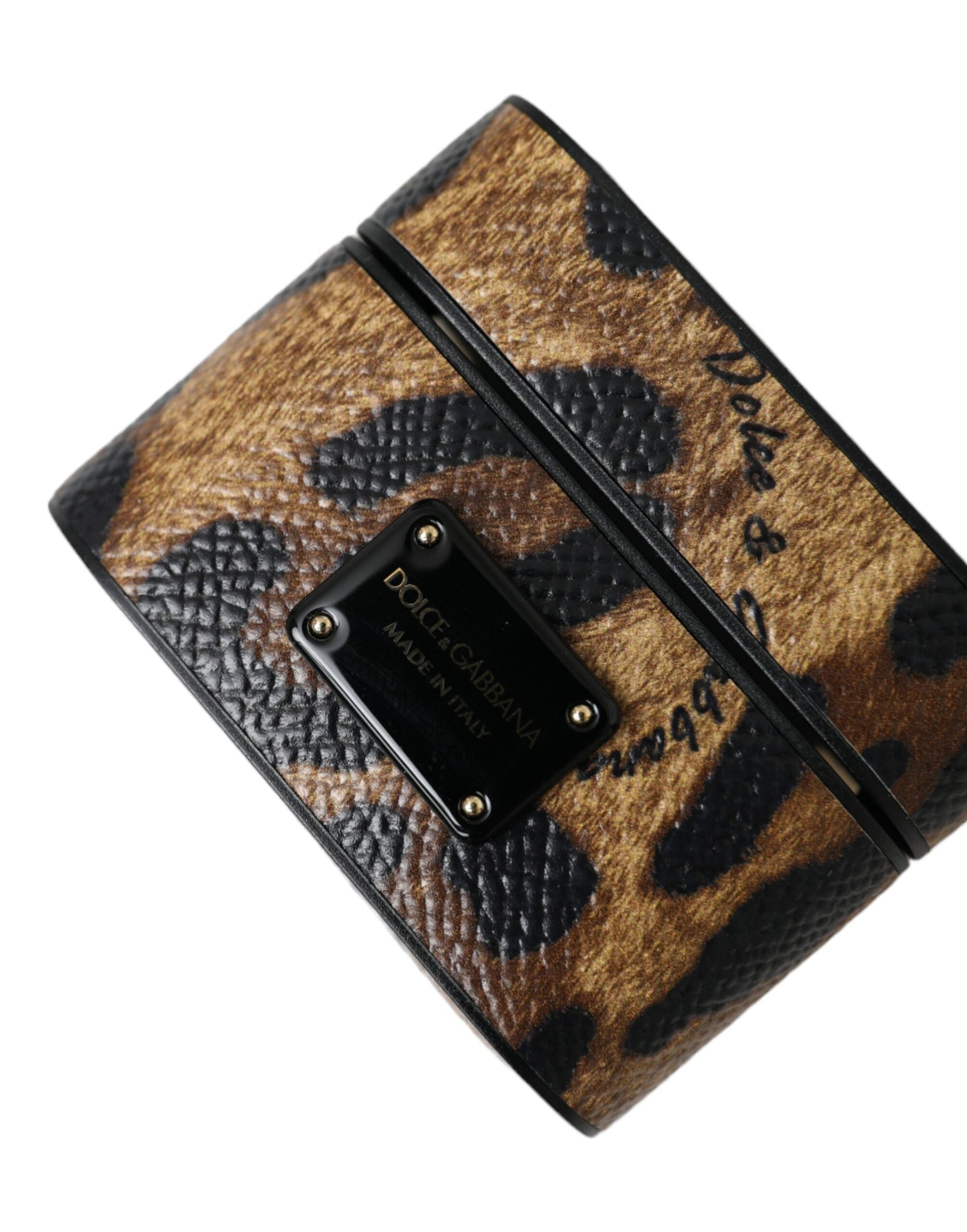 Custodia per Airpods con placca in metallo con logo in pelle di vitello leopardata marrone