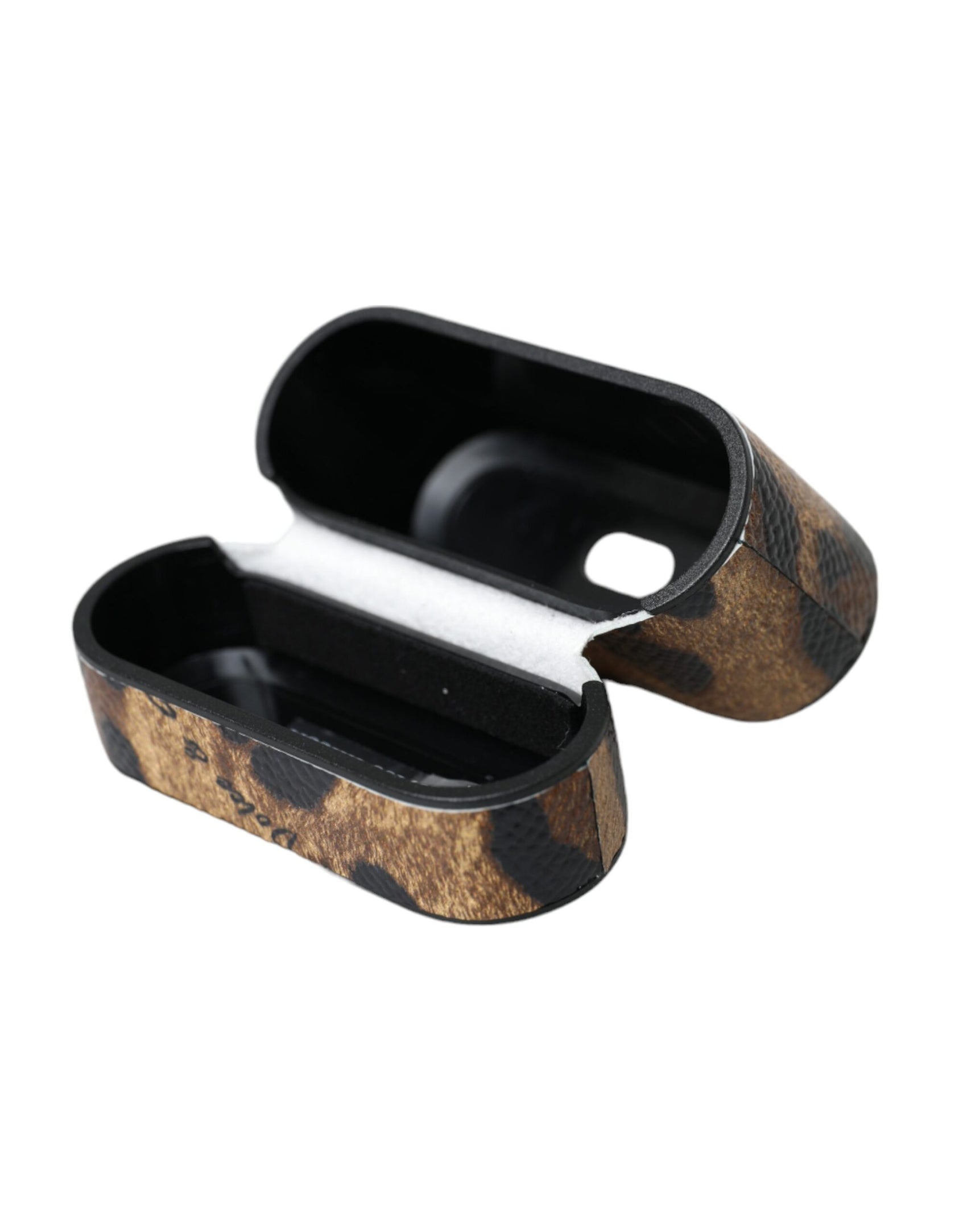 Custodia per Airpods con placca in metallo con logo in pelle di vitello leopardata marrone