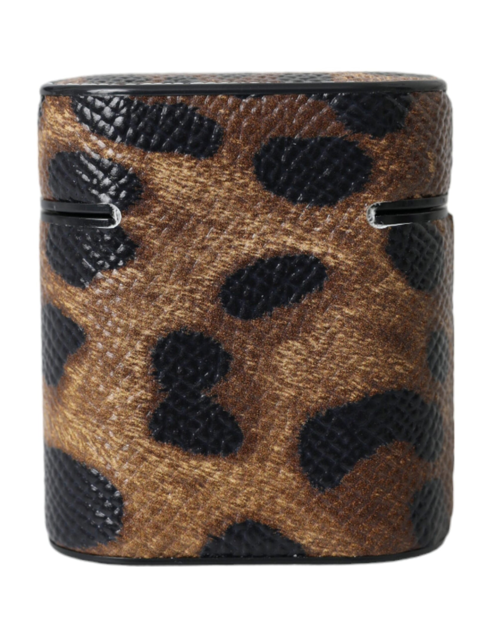 Custodia per Airpods con placca in metallo con logo in pelle di vitello leopardata marrone