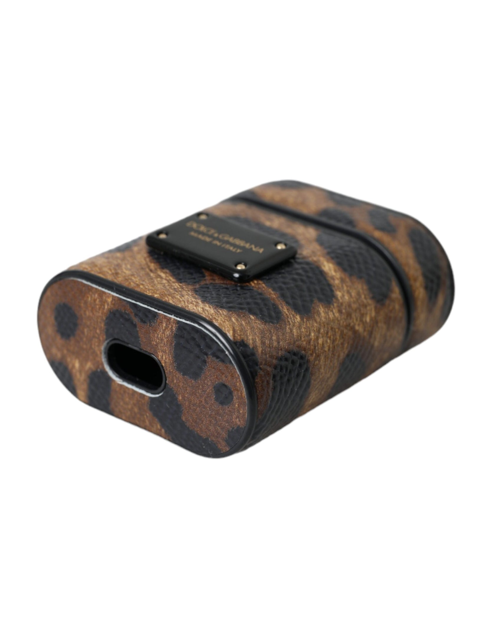 Custodia per Airpods con placca in metallo con logo in pelle di vitello leopardata marrone