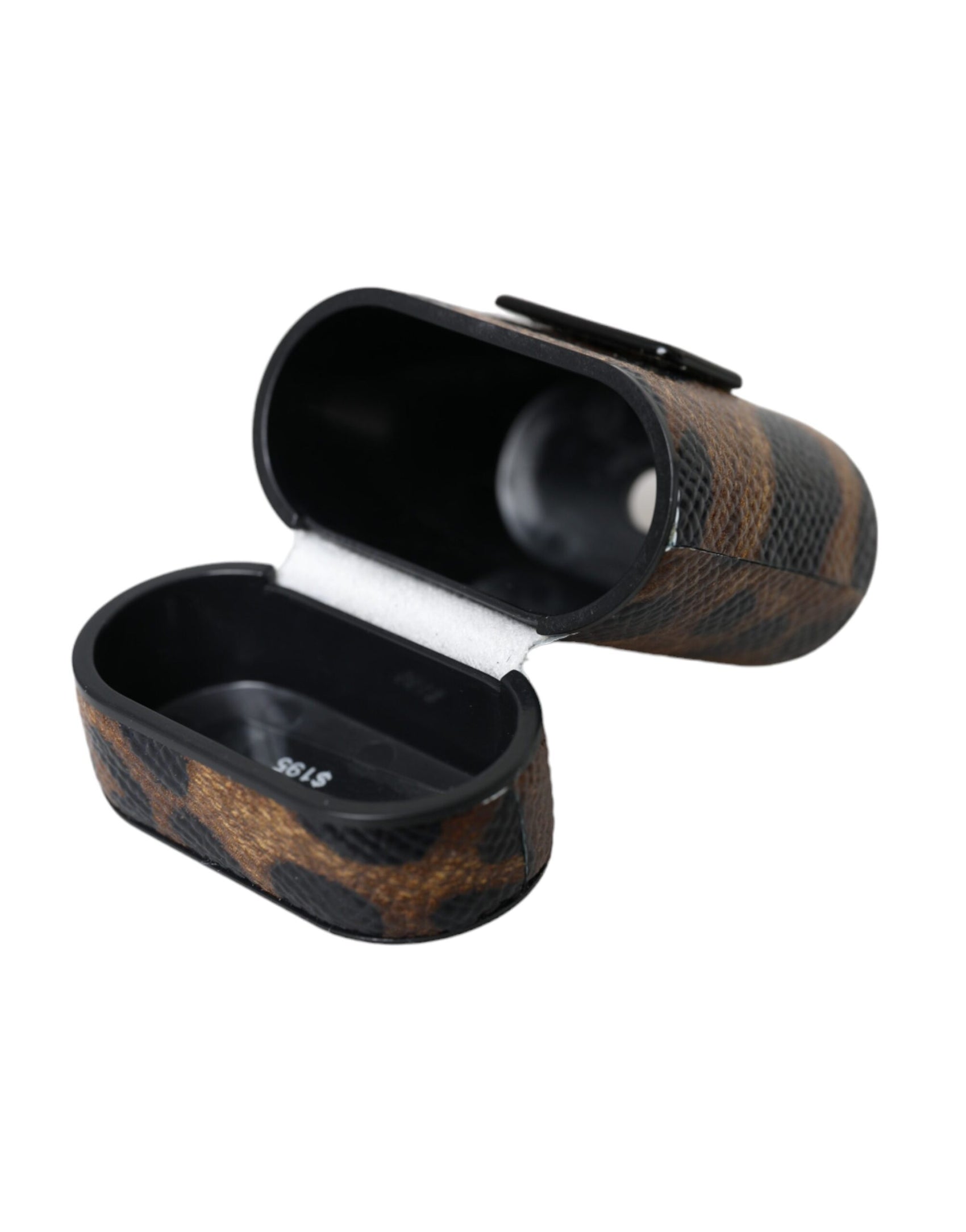 Custodia per Airpods con placca in metallo con logo in pelle di vitello leopardata marrone