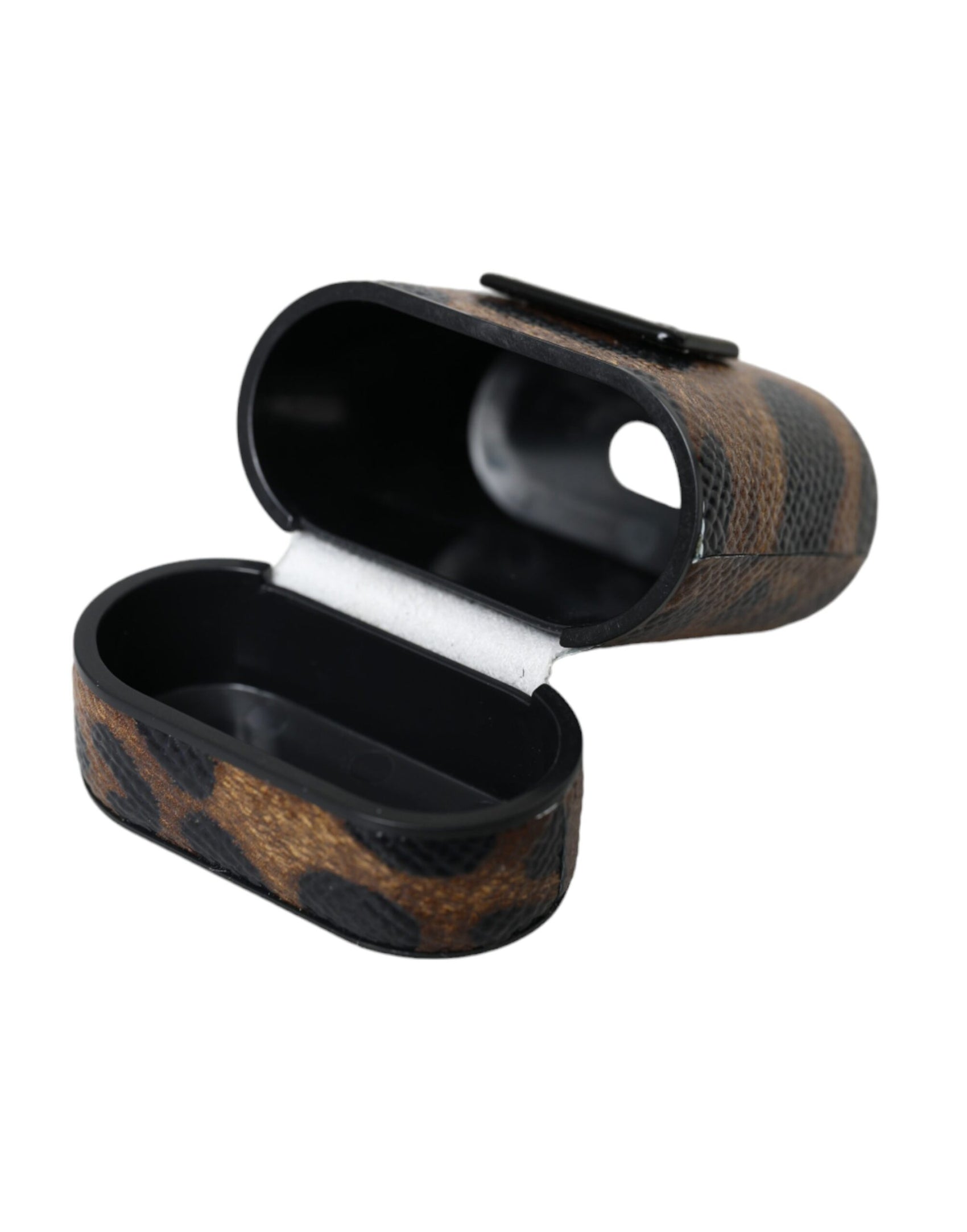 Custodia per Airpods con placca in metallo con logo in pelle di vitello leopardata marrone