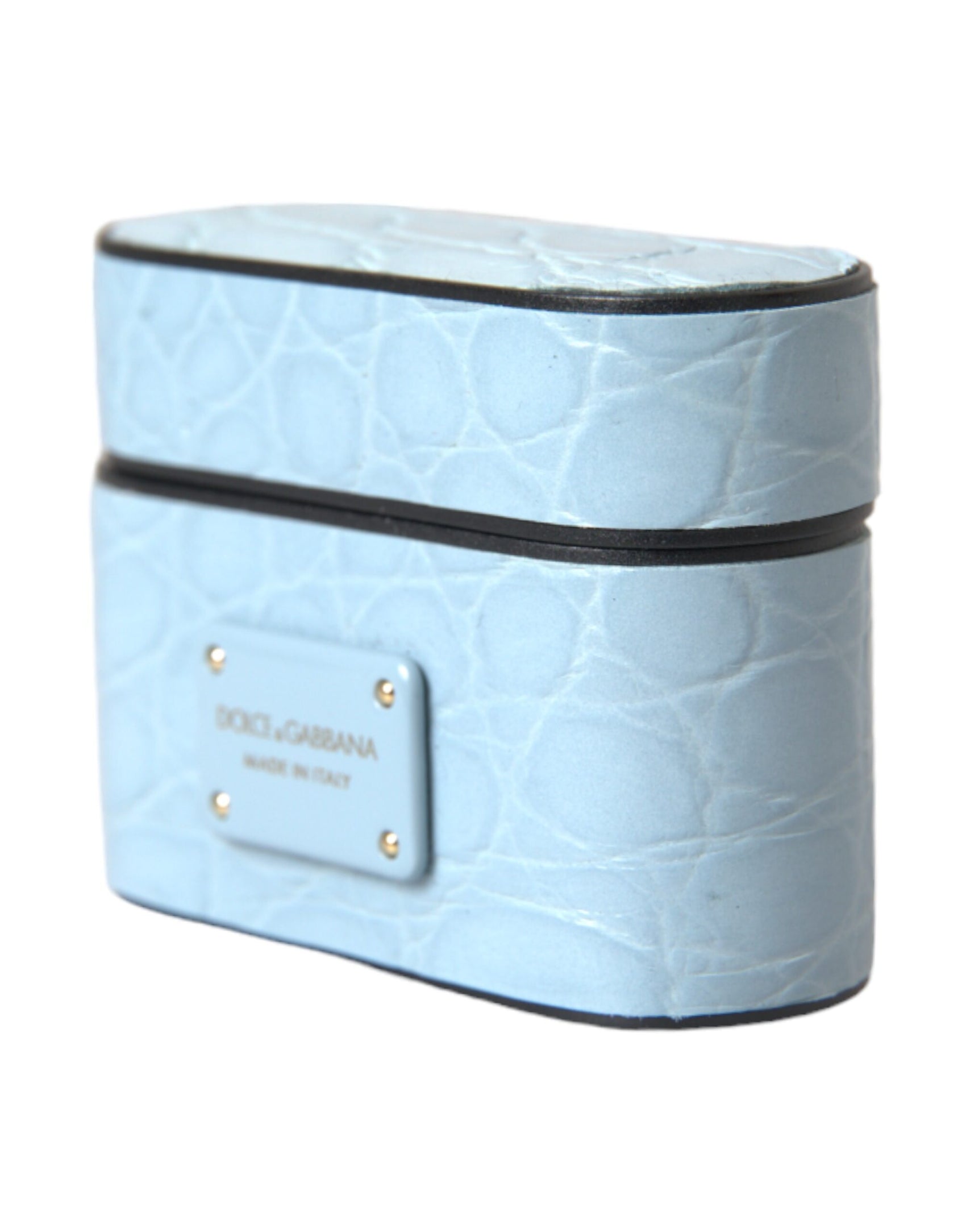 Custodia per Airpods con placca in metallo con logo in pelle azzurra