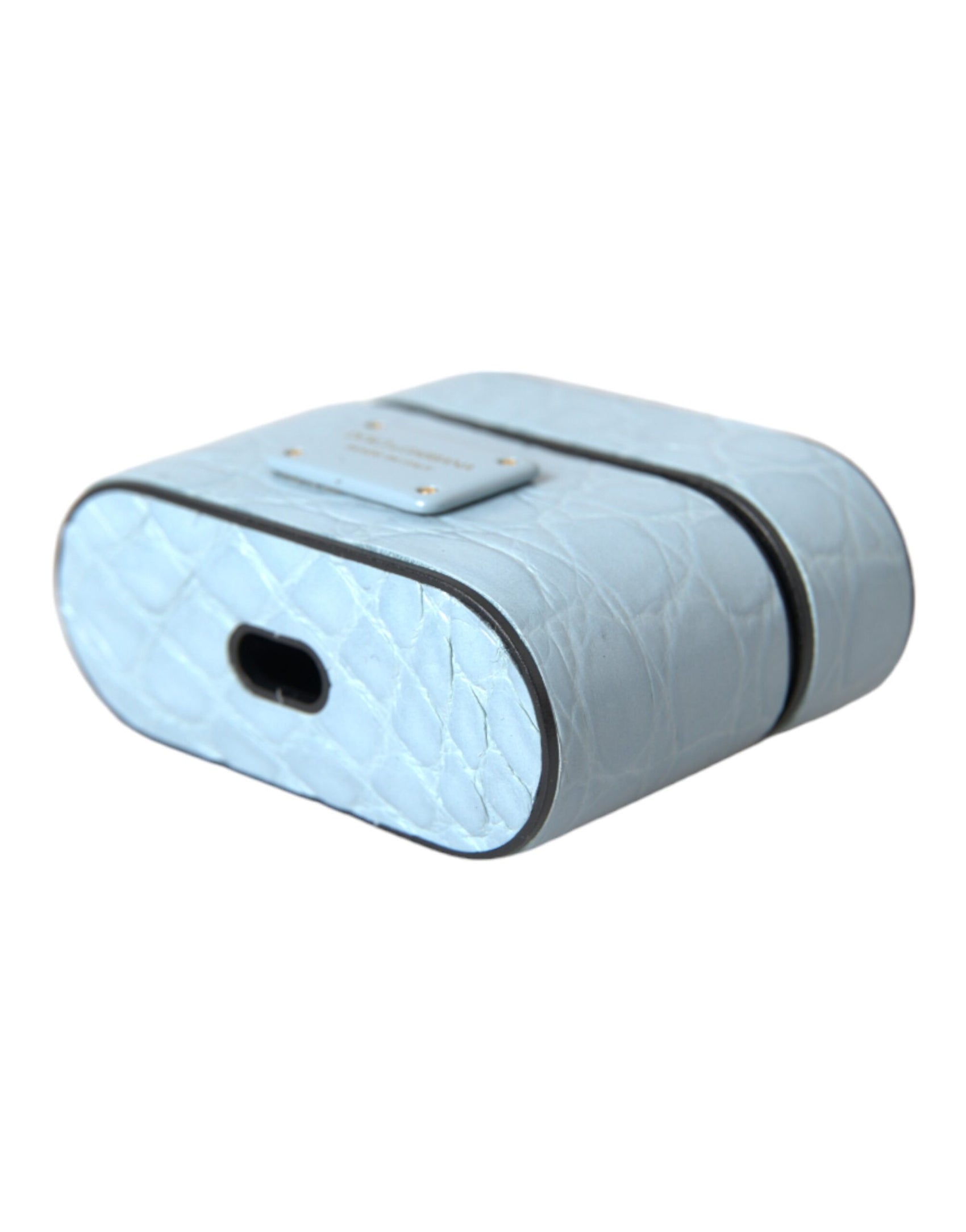 Custodia per Airpods con placca in metallo con logo in pelle azzurra