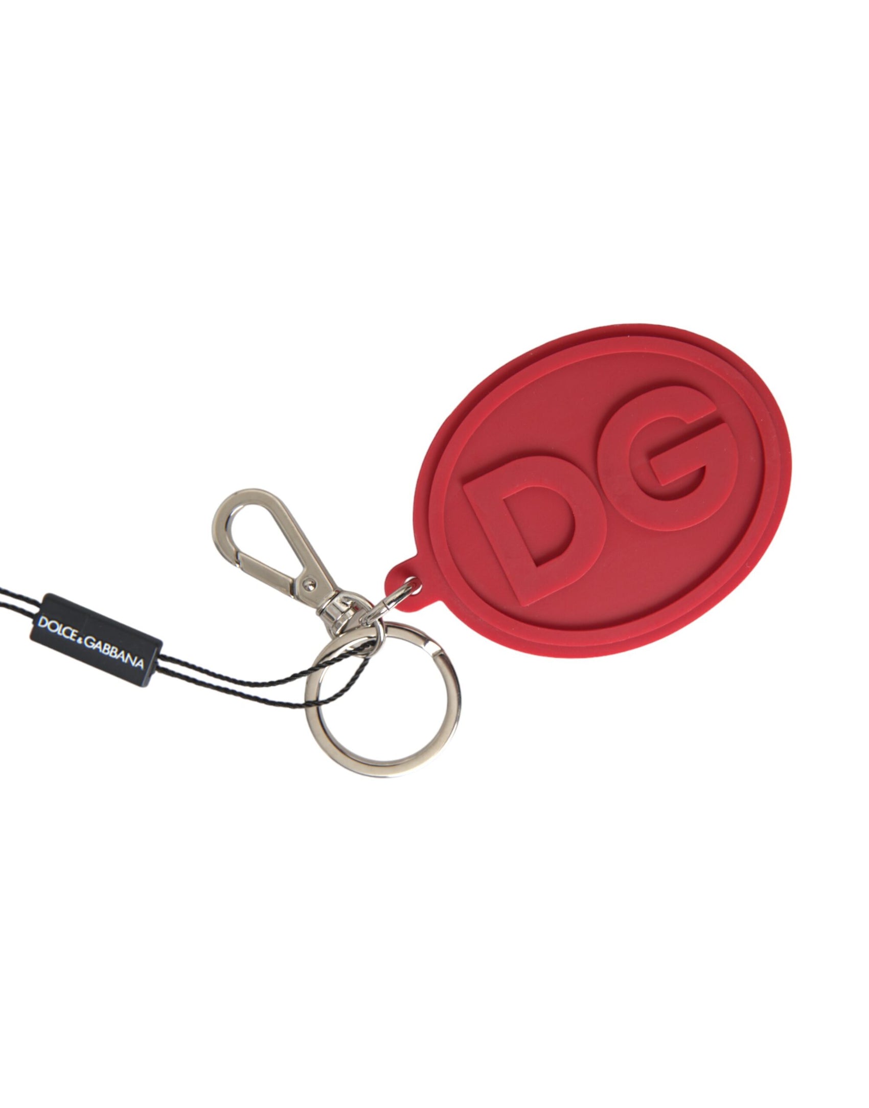Portachiavi in ​​metallo e ottone argentato con logo DG in gomma rossa