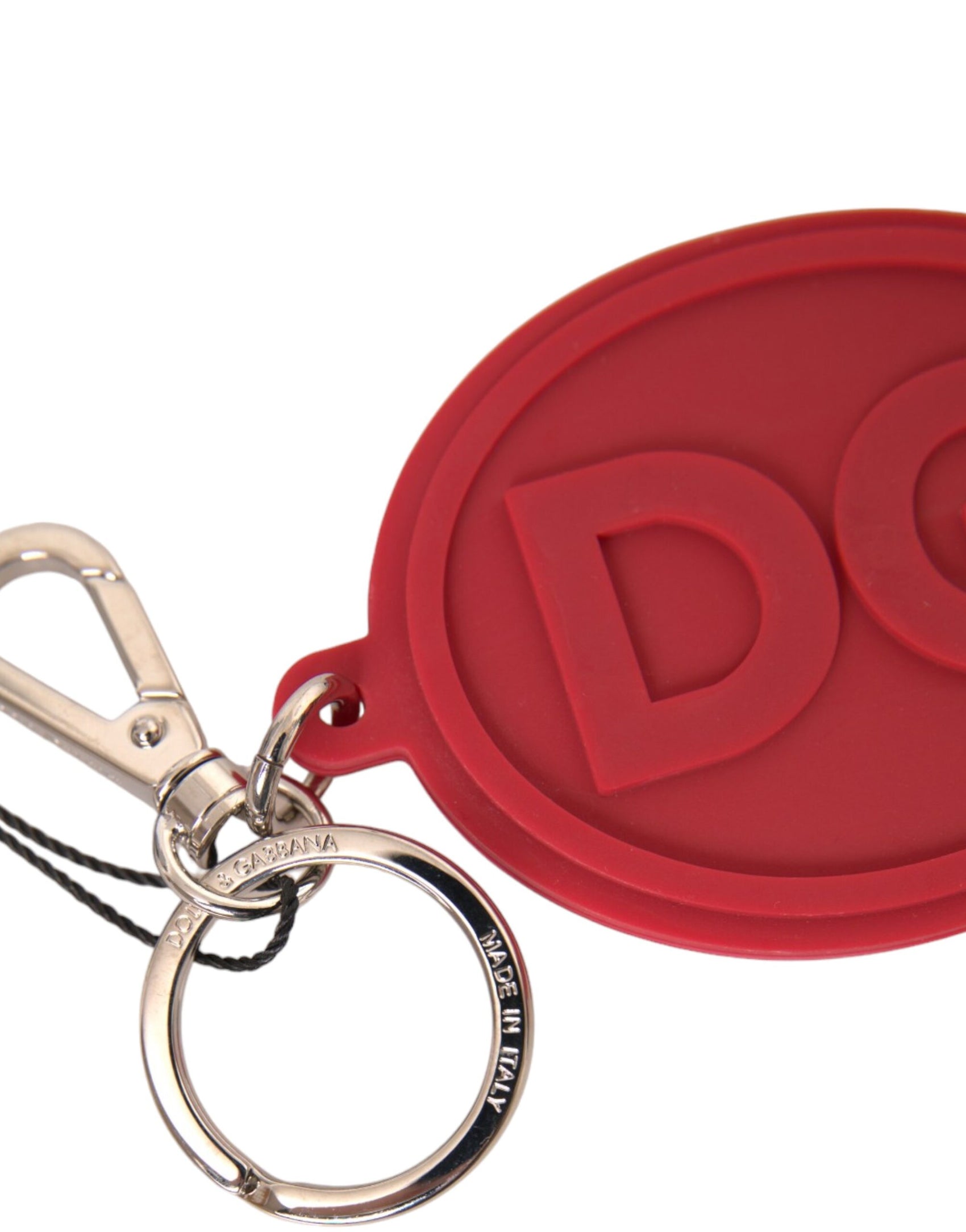Portachiavi in ​​metallo e ottone argentato con logo DG in gomma rossa