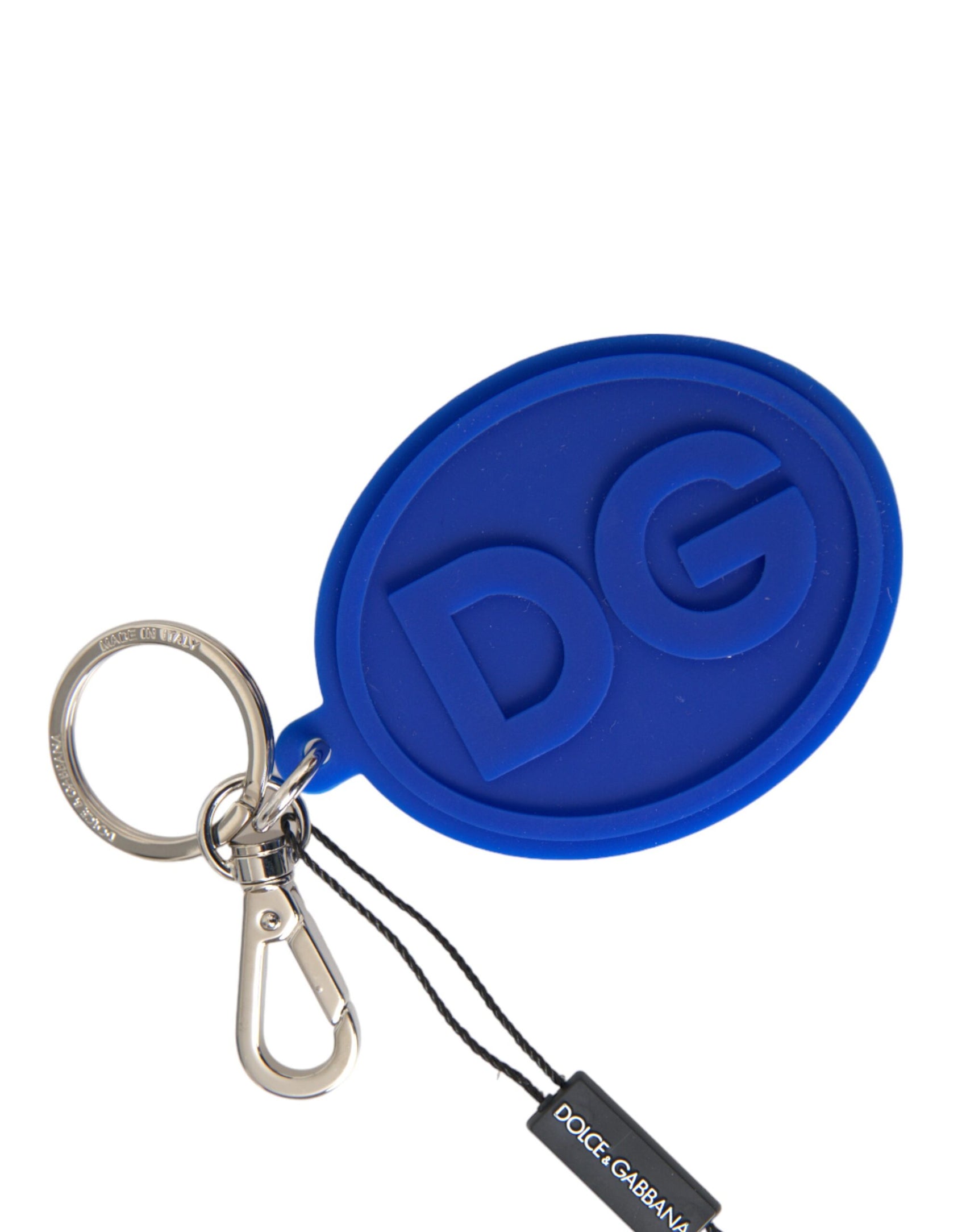 Portachiavi in ​​metallo con logo DG in gomma blu e ottone argentato