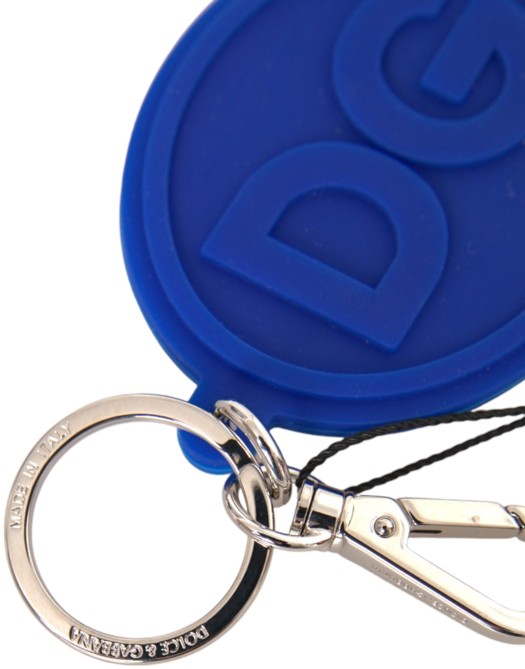 Portachiavi in ​​metallo con logo DG in gomma blu e ottone argentato