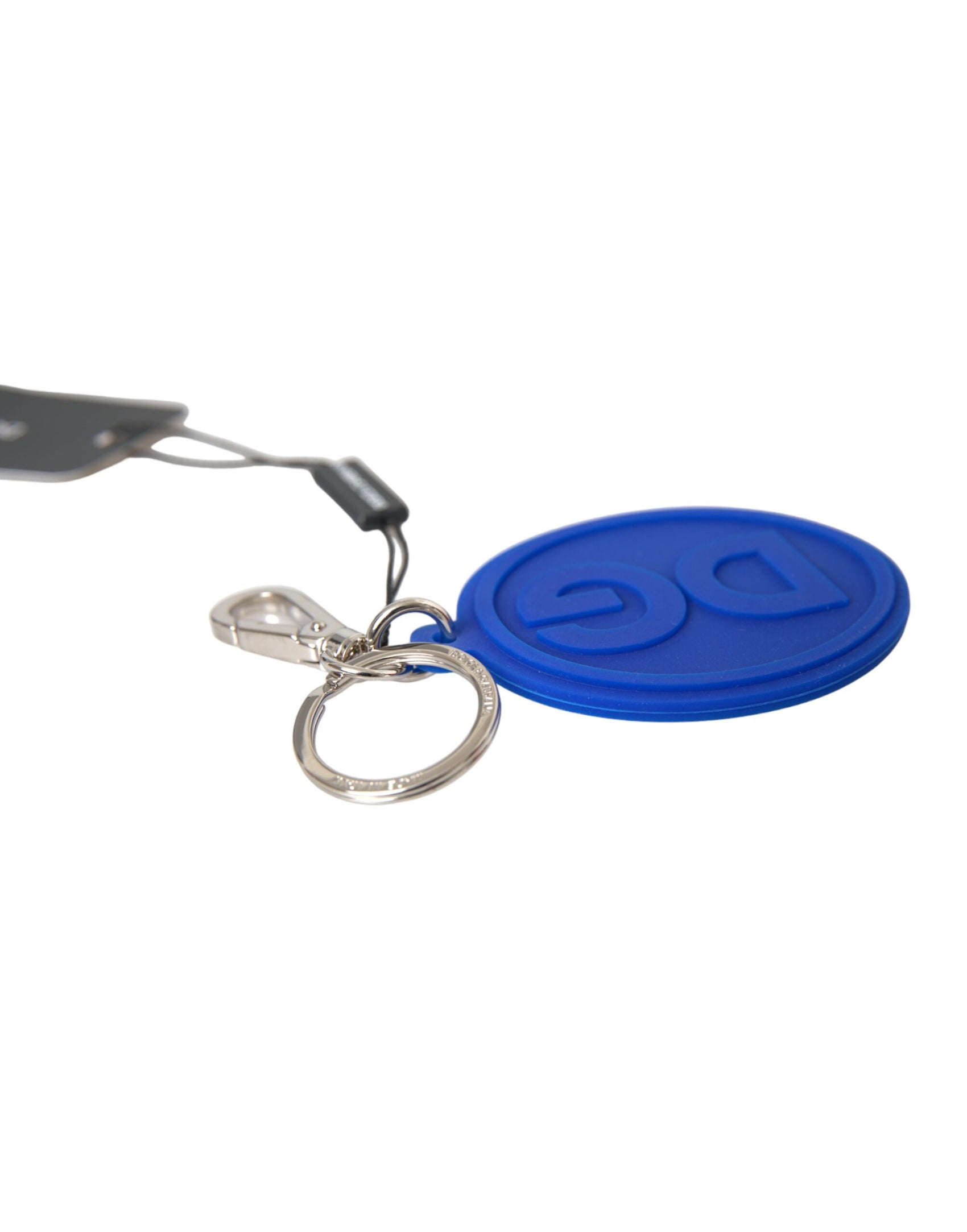 Portachiavi in ​​metallo con logo DG in gomma blu e ottone argentato