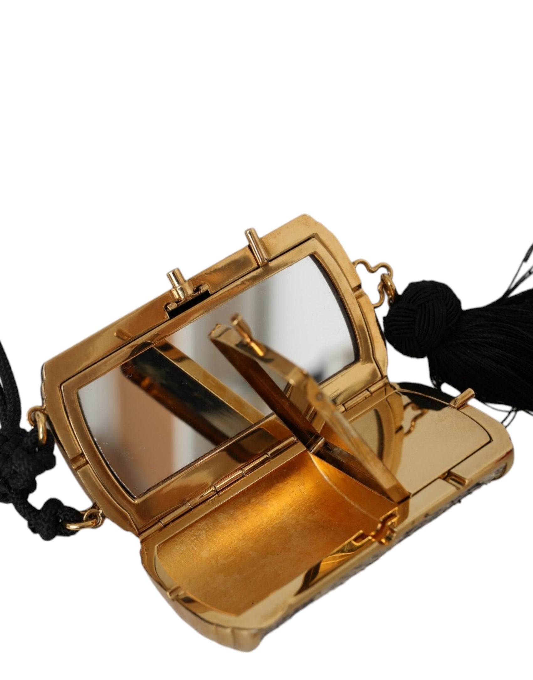 Beigefarbene Make-up-Tasche aus exotischem Leder mit Mini-Spiegel und Quaste