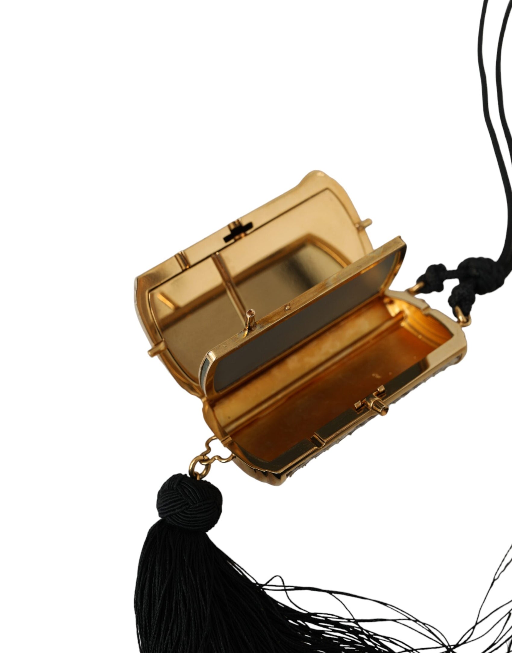 Beigefarbene Make-up-Tasche aus exotischem Leder mit Mini-Spiegel und Quaste