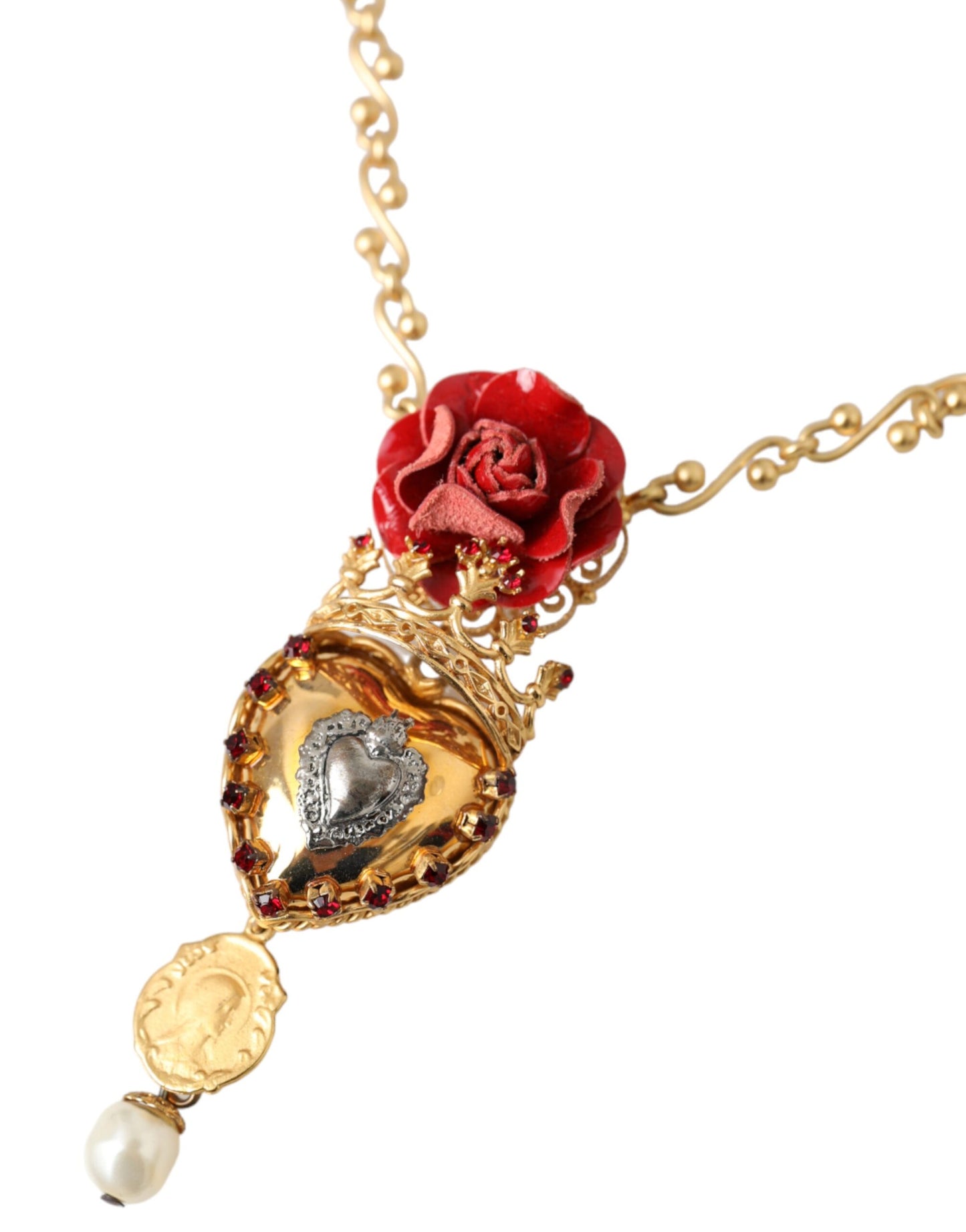 Collana con ciondolo in cristallo rosa con cuore sacro in ottone dorato