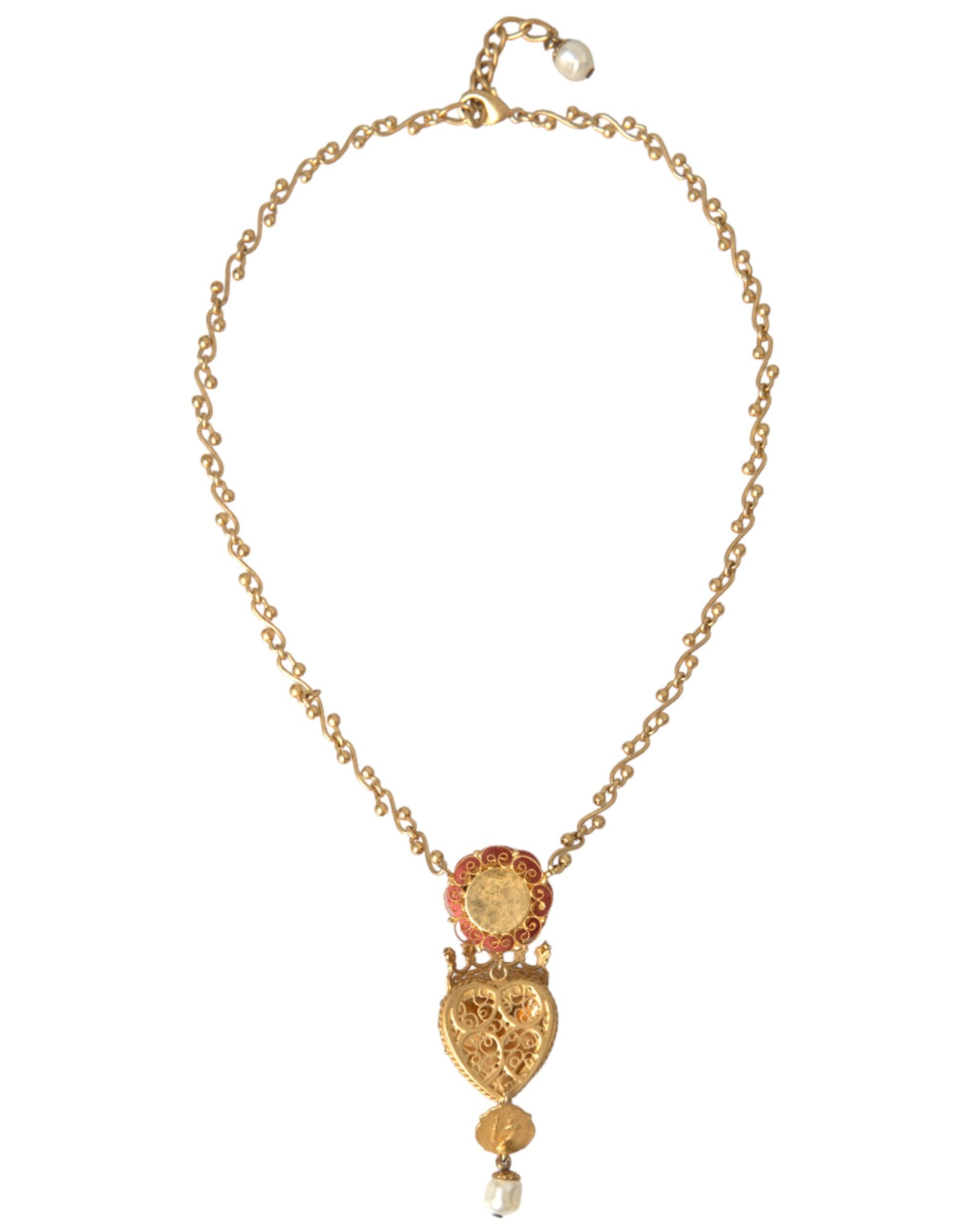 Collana con ciondolo in cristallo rosa con cuore sacro in ottone dorato