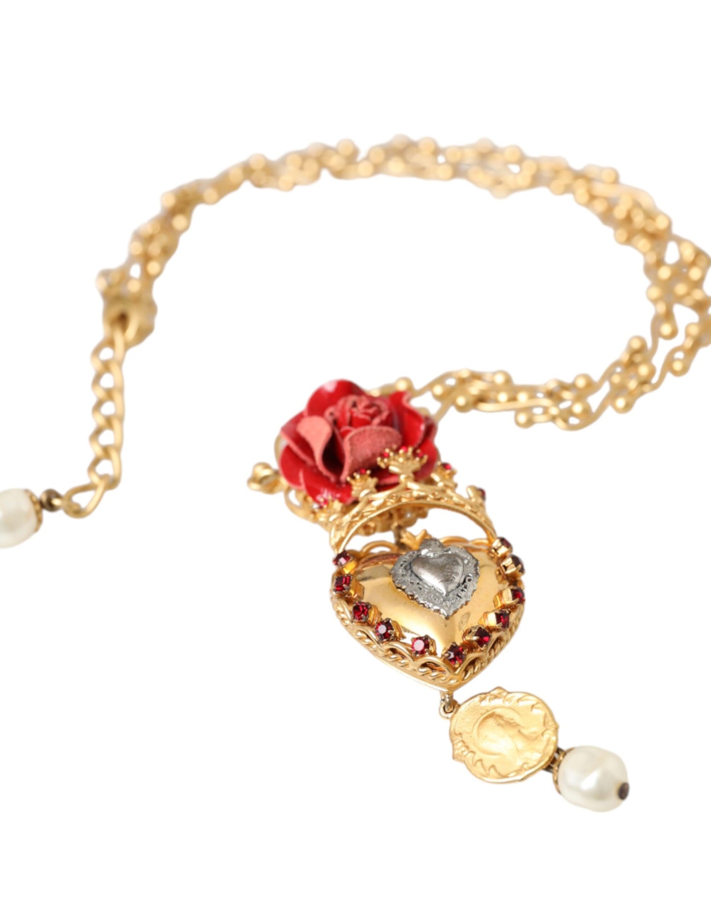 Collana con ciondolo in cristallo rosa con cuore sacro in ottone dorato