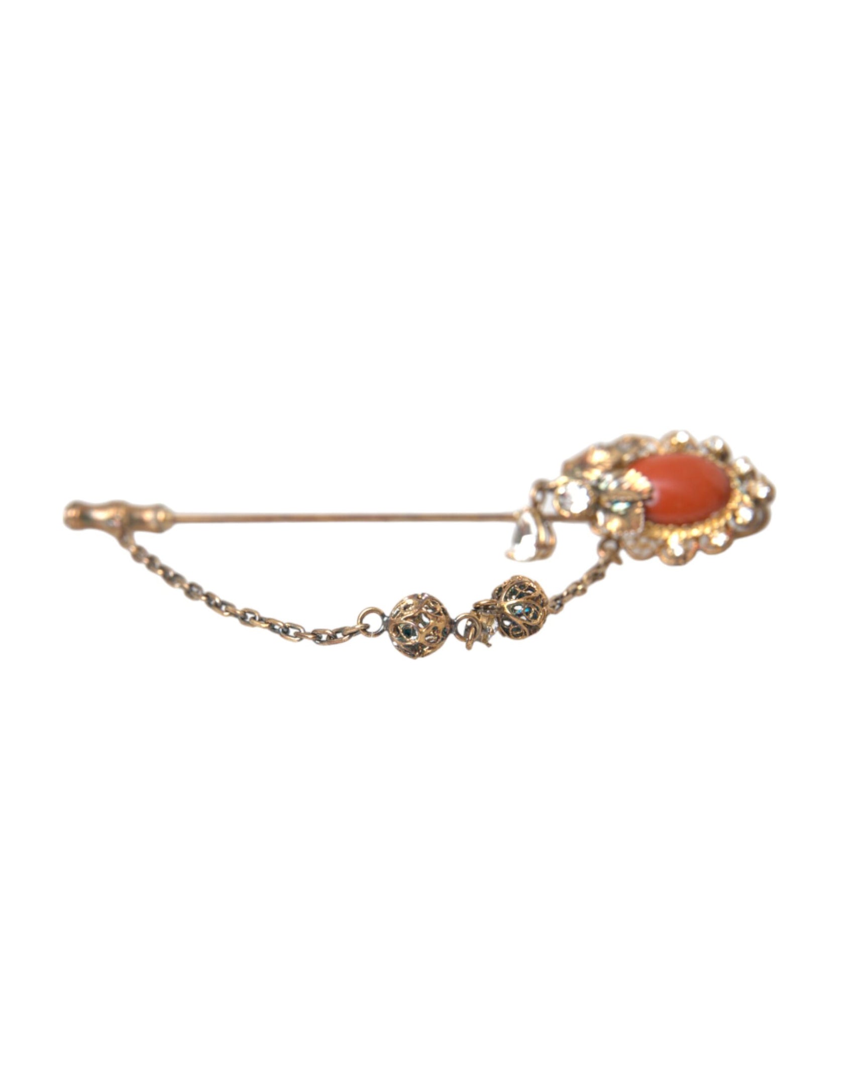 Spilla con catena in cristallo di ottone dorato e argento sterling 925