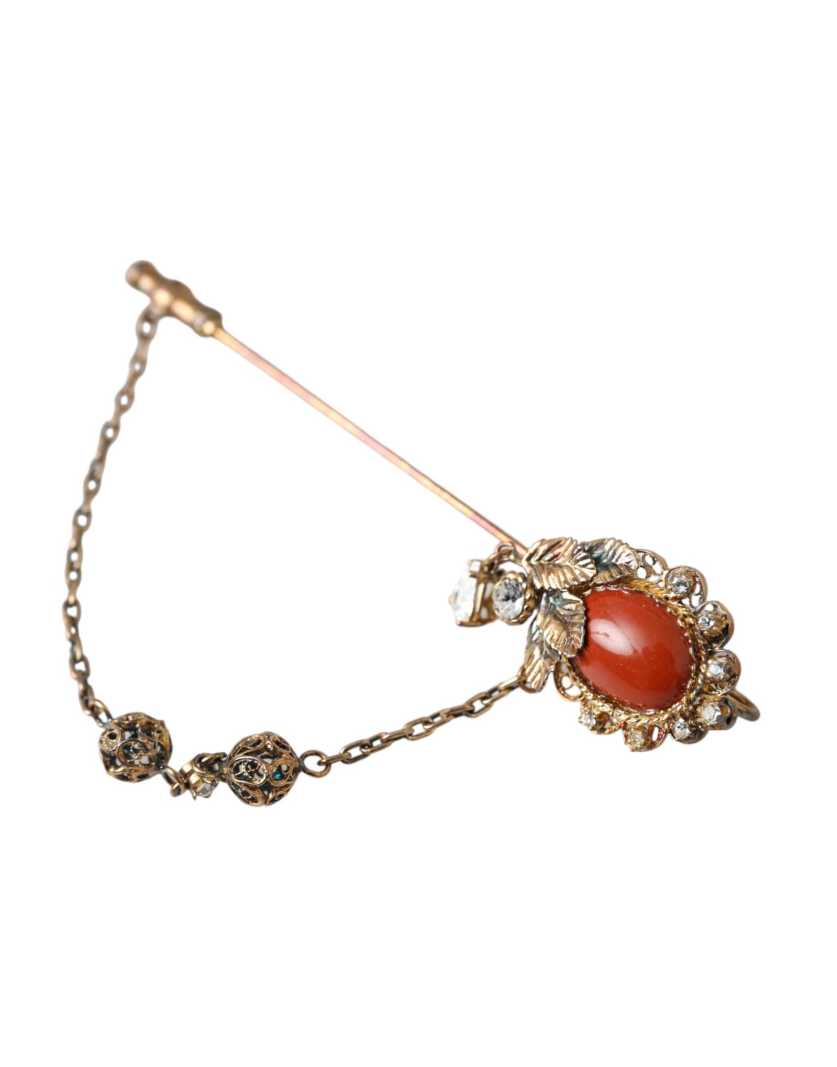 Spilla con catena in cristallo di ottone dorato e argento sterling 925