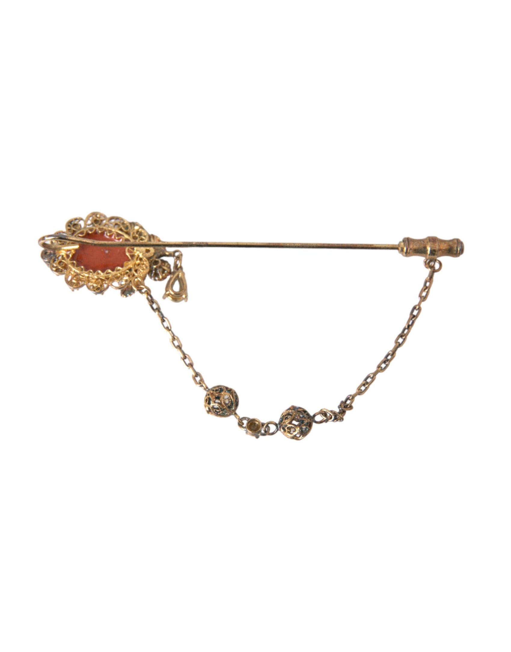 Spilla con catena in cristallo di ottone dorato e argento sterling 925