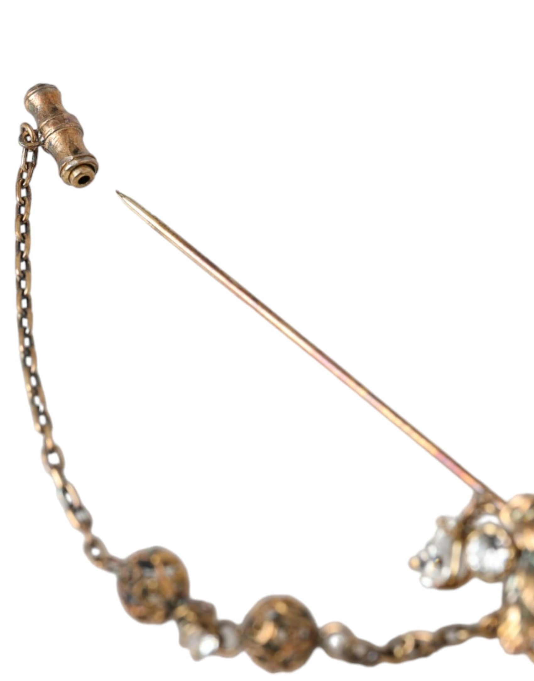 Spilla con catena in cristallo di ottone dorato e argento sterling 925