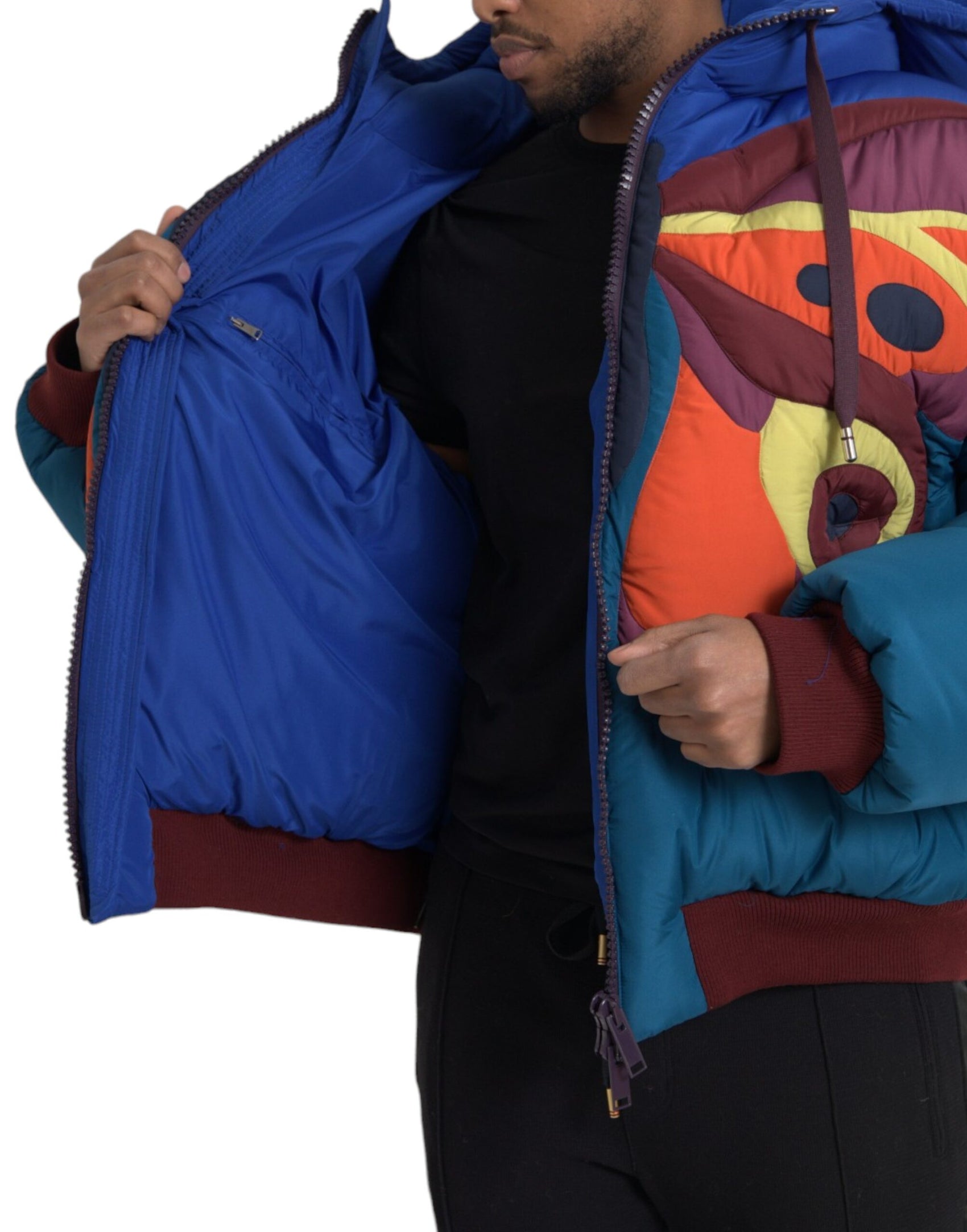 Giacca imbottita con cappuccio a farfalla multicolore