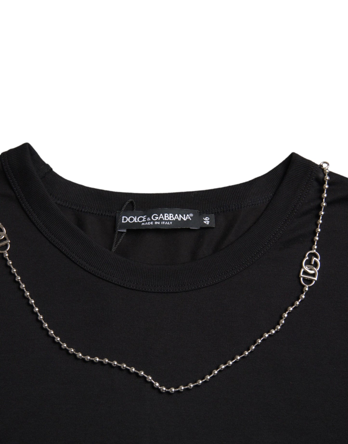 Schwarzes Kurzarm-T-Shirt aus Baumwolle mit silberner Kette