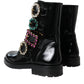 Black Leather Crystal Buckles Boots Shoes