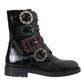 Black Leather Crystal Buckles Boots Shoes