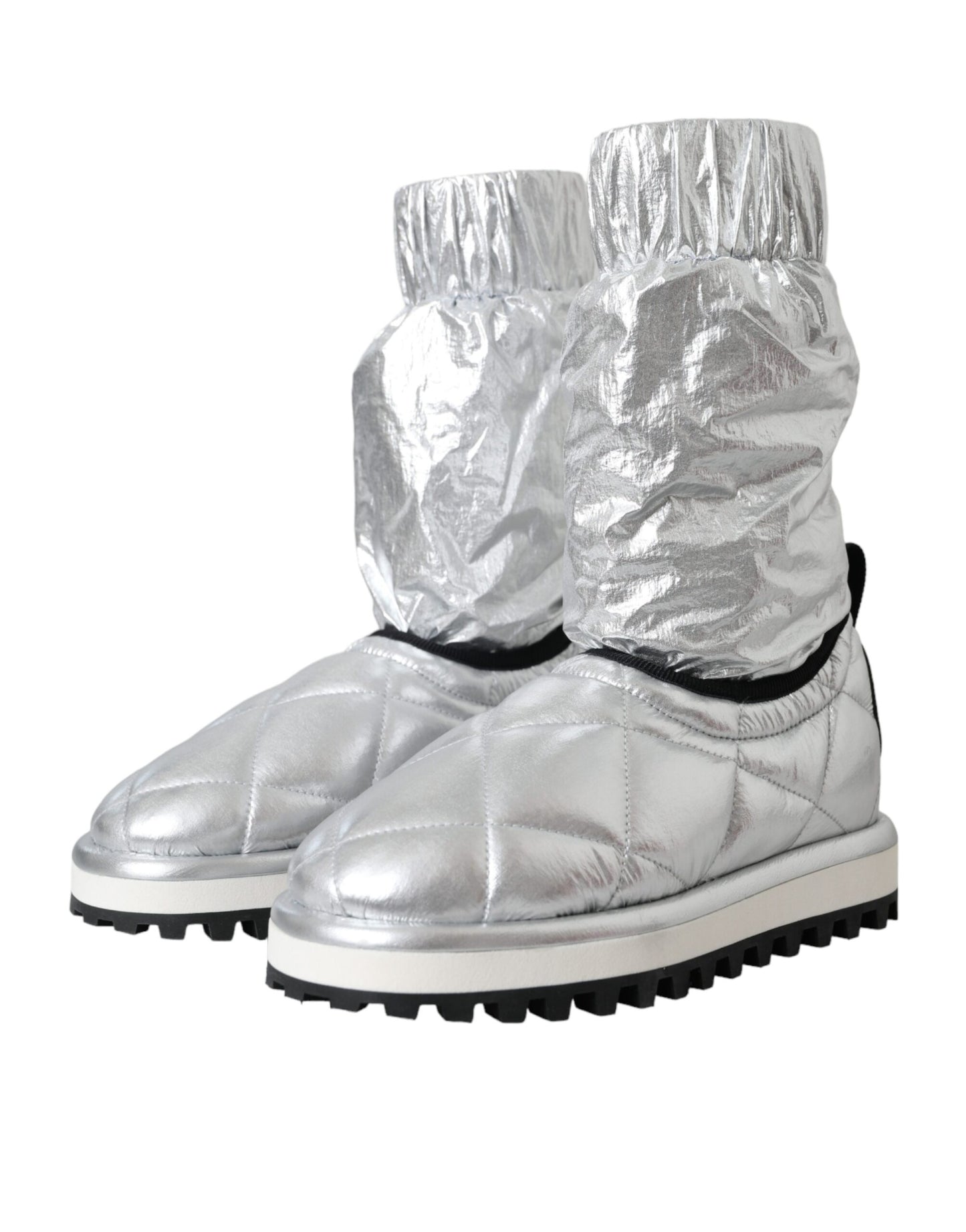 Metallic Silver Quilted Logo Patch Boot Shoes