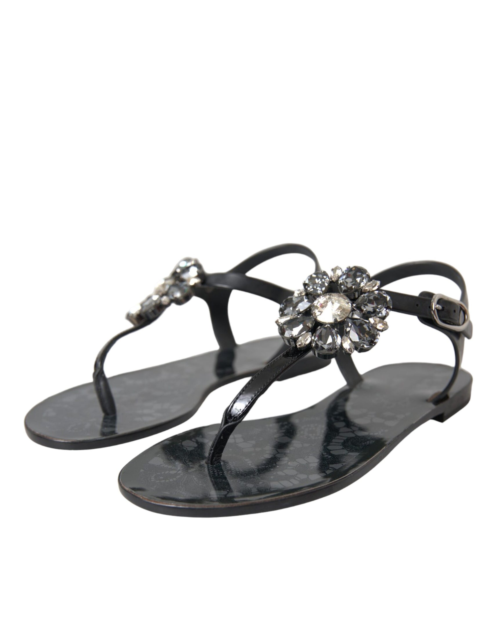 Schwarze Kristall Flats Sandalen Flip Flops Schuhe