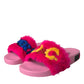 Multicolor Embroidered Fur Slides Sandals Shoes