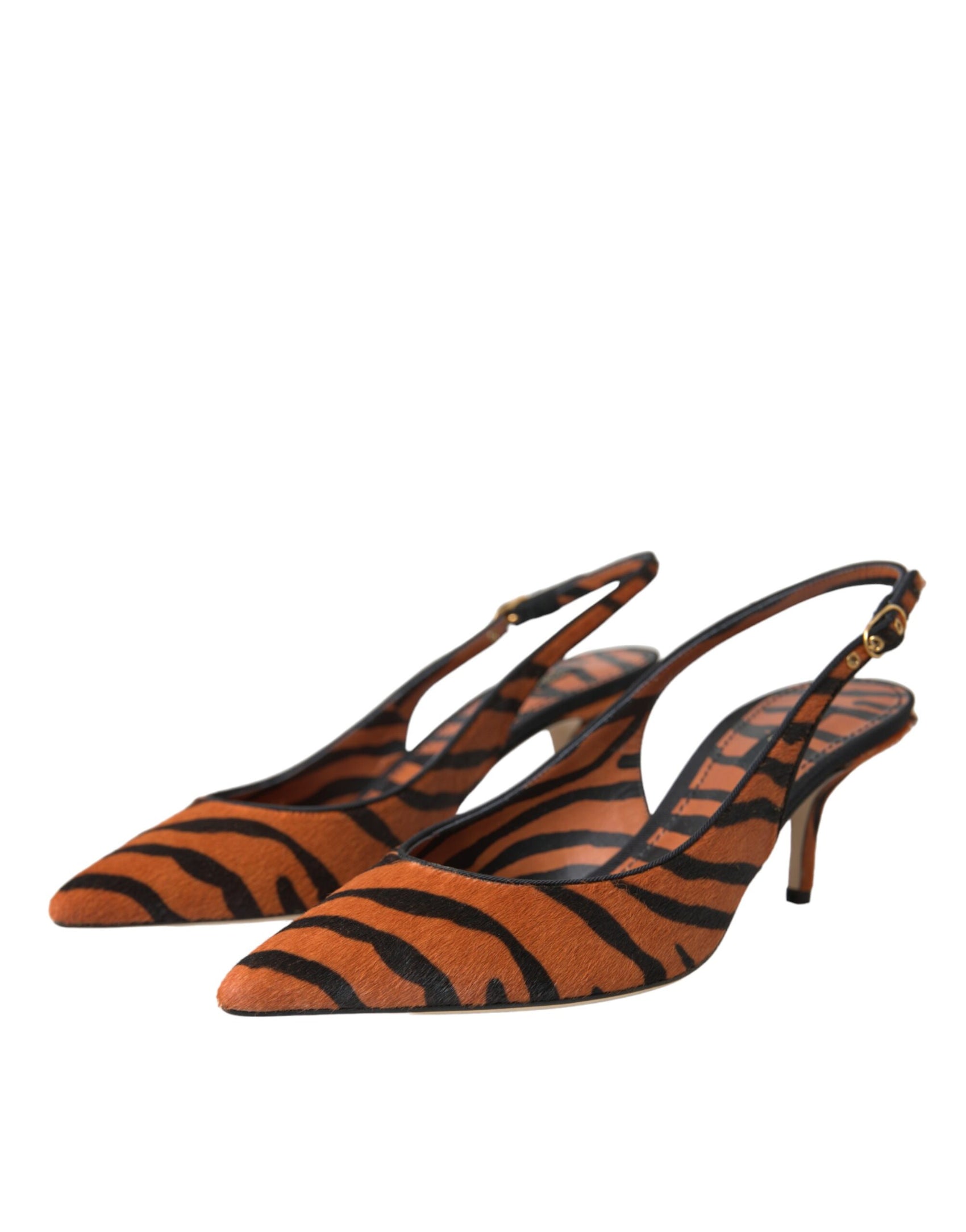 Scarpe con cinturino posteriore in pelle zebrata nera e arancione