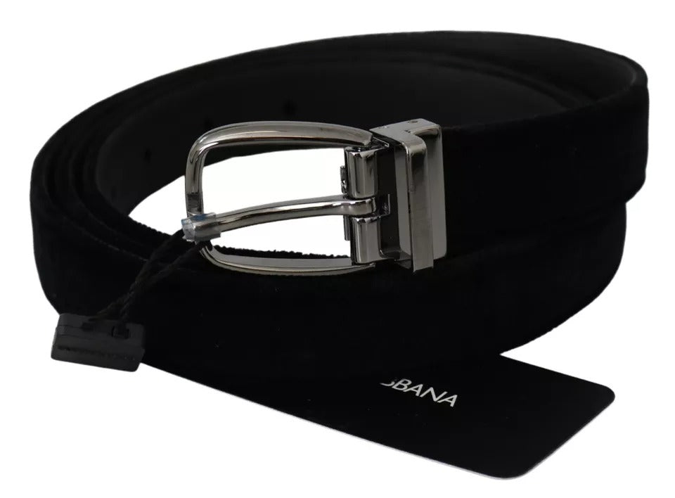 Cintura da uomo con fibbia in metallo color argento in velluto nero