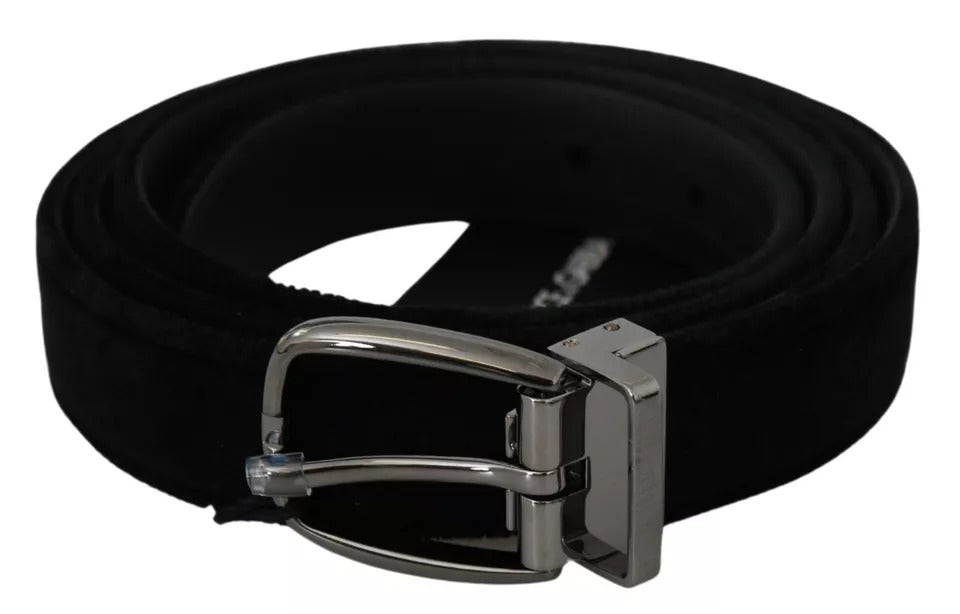 Cintura da uomo con fibbia in metallo color argento in velluto nero
