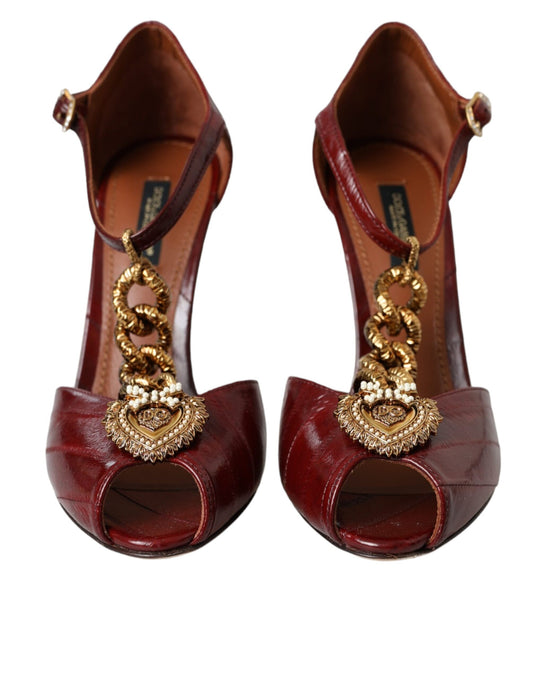 Dark Red Leather Gold Devotion Heart Sandals Shoes