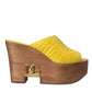 Yellow Leather Wood Mule Wedge Slides Shoes