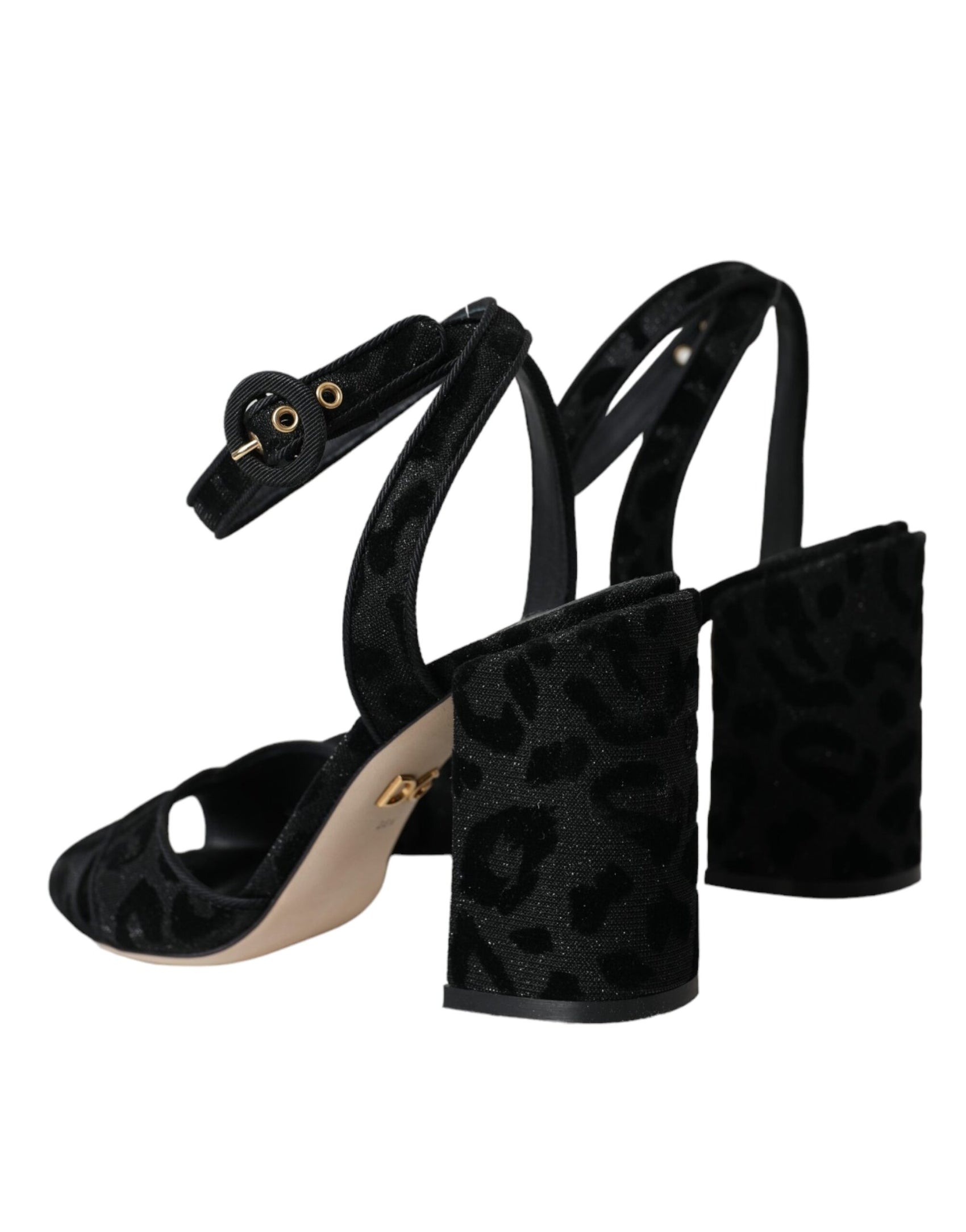 Sandali con tacco in pelle scamosciata leopardata nera