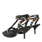 Black Leather Embellished Heels Sandal Shoes