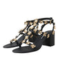 Black Leather Embellished Heel Sandal Shoes