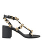 Black Leather Embellished Heel Sandal Shoes