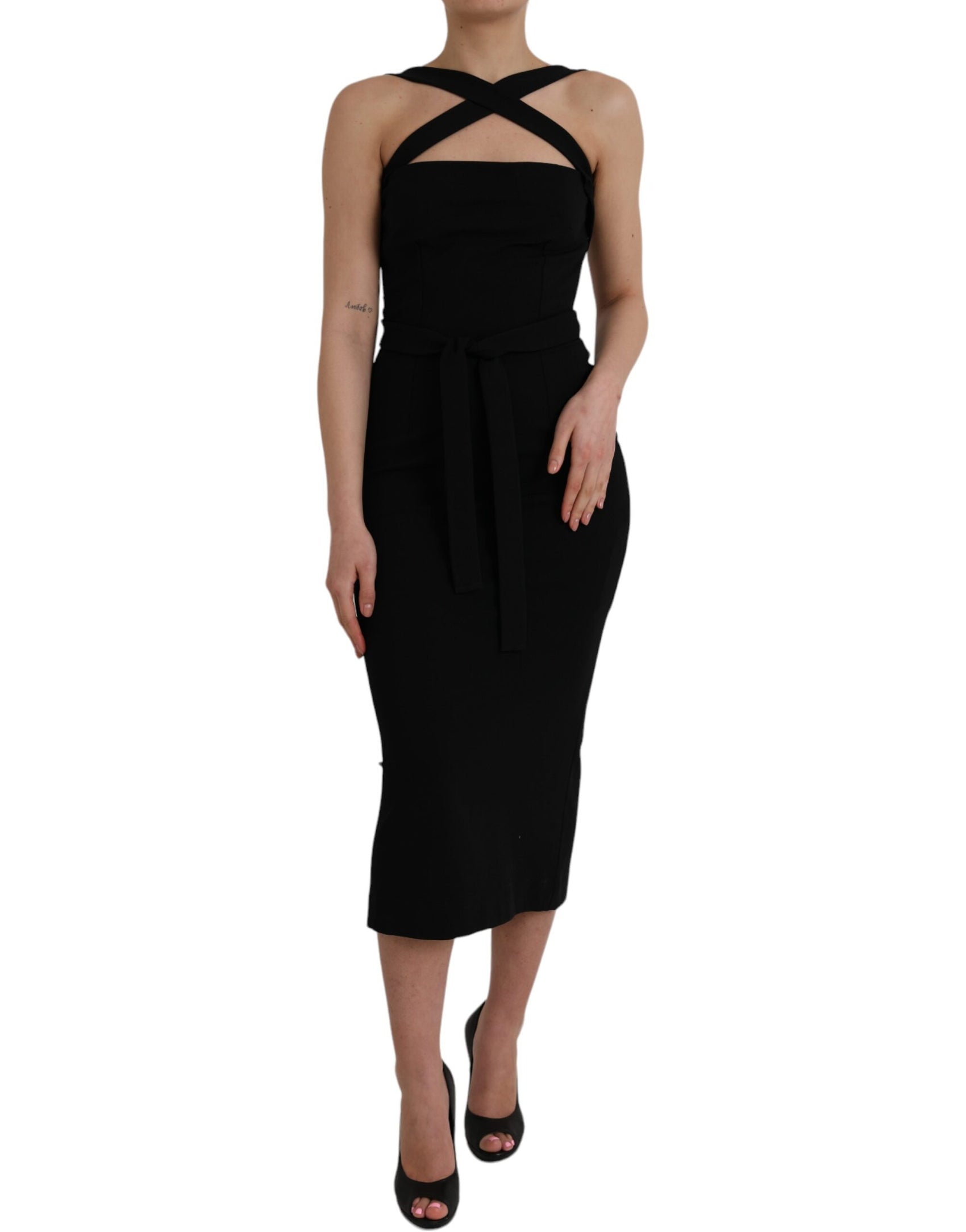 Schwarzes, ärmelloses Neckholder-Midikleid