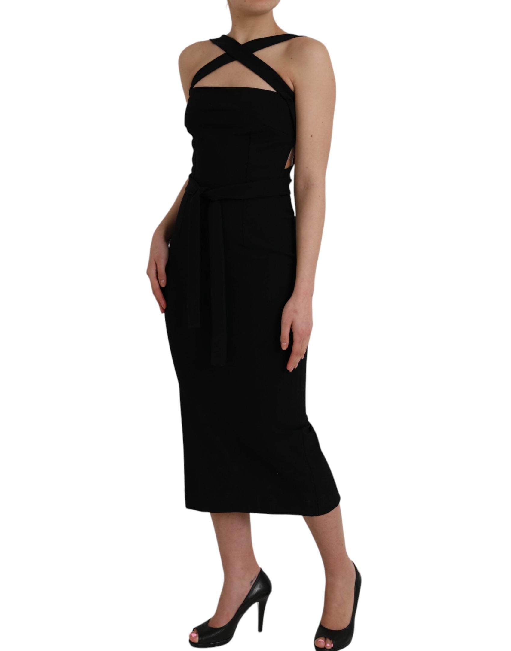 Schwarzes, ärmelloses Neckholder-Midikleid