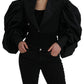 Black Polyester Puffed Sleeves Cropped Jacket